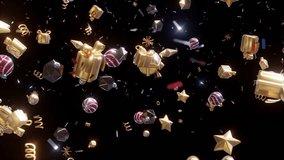 Colorful Christmas balls Background, gifts and Golden stars moving in space with confetti On black Screen. Loop 3D animation render 4K. - Powered by Shutterstock - Get 15% off with code: PIKWIZARD15