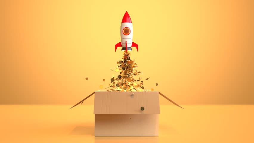 Rocket Launching from Box with Gold Coins, New Business Startup