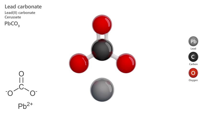 Lead Carbonate. Animated 3D model of a molecule. Molecular formula: PbCO3. Chemical model: Ball and sticks. White background. 3D rendering. Seamless loop.
