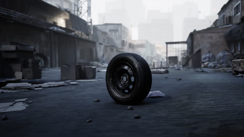 A solitary tire rests on a cracked road in a neglected area filled with debris and rundown buildings, capturing a sense of urban decay and emptiness under soft daylight.