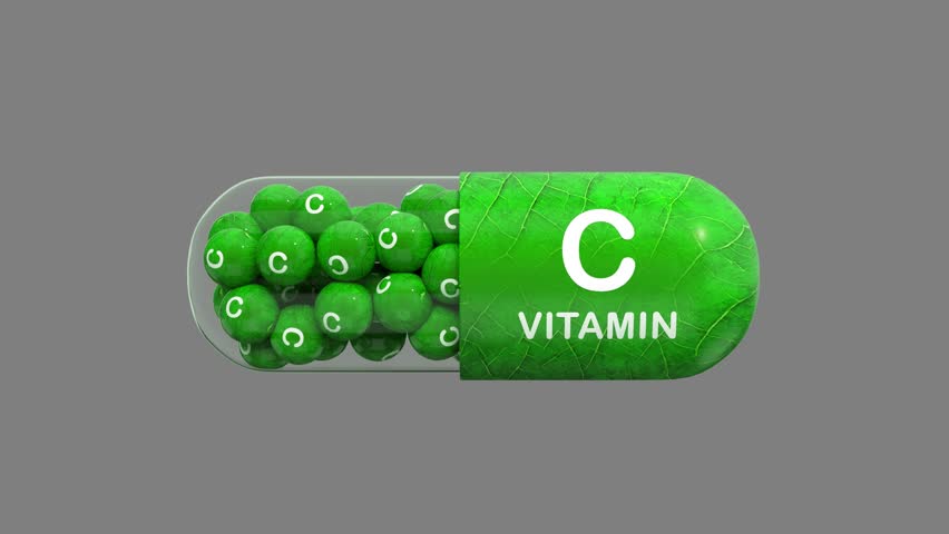 Capsule filled with vitamin C. Vitamin C is ascorbic acid essential for the growth, repair of tissue and skin care. Vitamins complex. Seamless loop. 3D render. Isolated on a gray background