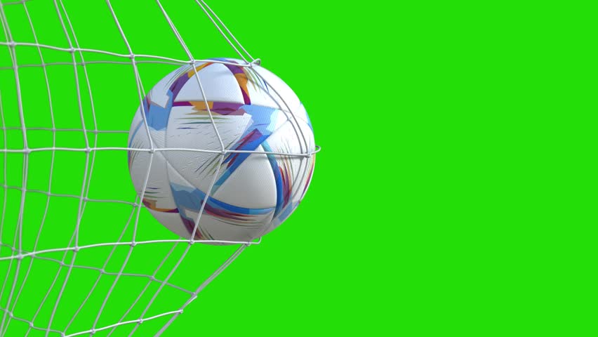 Soccer Ball flies into Goal Net. Beautiful Football 3d animation of the Goal Moment. scoring a goal. Soccer Ball In Goal With Net. Soccer ball fire intro background. Rotating, football Green Screen