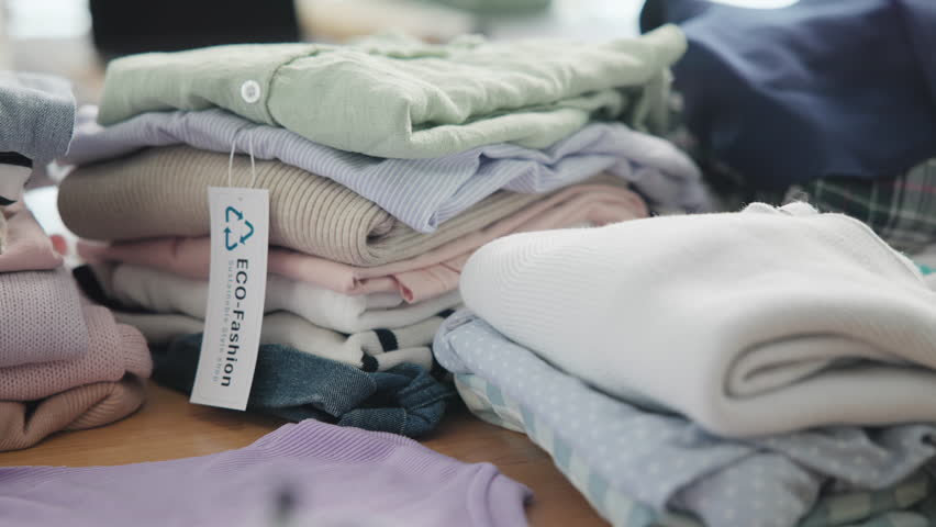 Eco slow fashion retail label second hand sale store net zero waste free go green. Price tag paper thrift shop small seller shirt stack folded Bio fabric symbol closet product reduce gas social issue.