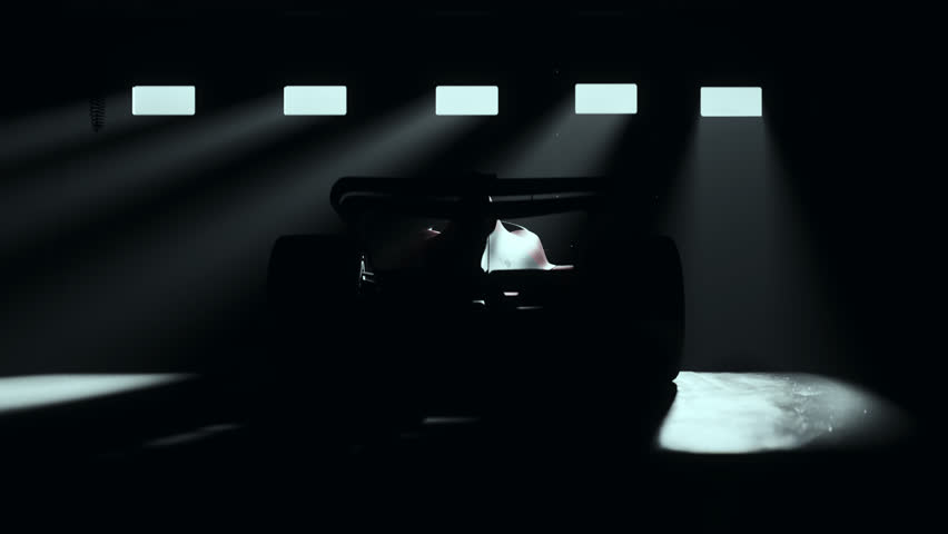 Dramatic beams of light illuminate a sleek red race car in a dark garage, highlighting its aerodynamic design and racing details for a high-performance atmosphere. Realistic 3d. 3D Illustration