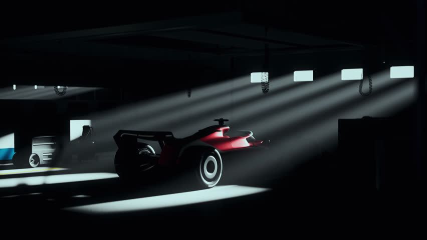 Dramatic beams of light illuminate a sleek red race car in a dark garage, highlighting its aerodynamic design and racing details for a high-performance atmosphere. Realistic 3d. 3D Illustration