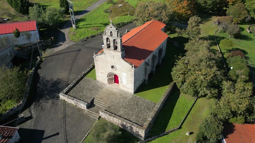 Drone aerial view of San Xoan church in Vilar de Santos, Ourense, Galicia, Spain