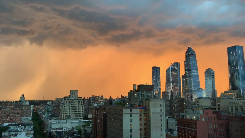 Lightning striking during a thunderstorm near Hudson Yards in Manhattan, New York