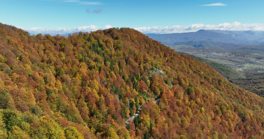Aerial view of vibrant autumn foliage covering a mountainous landscape, showcasing a stunning array of red, orange, yellow, and green trees under a bright blue sky