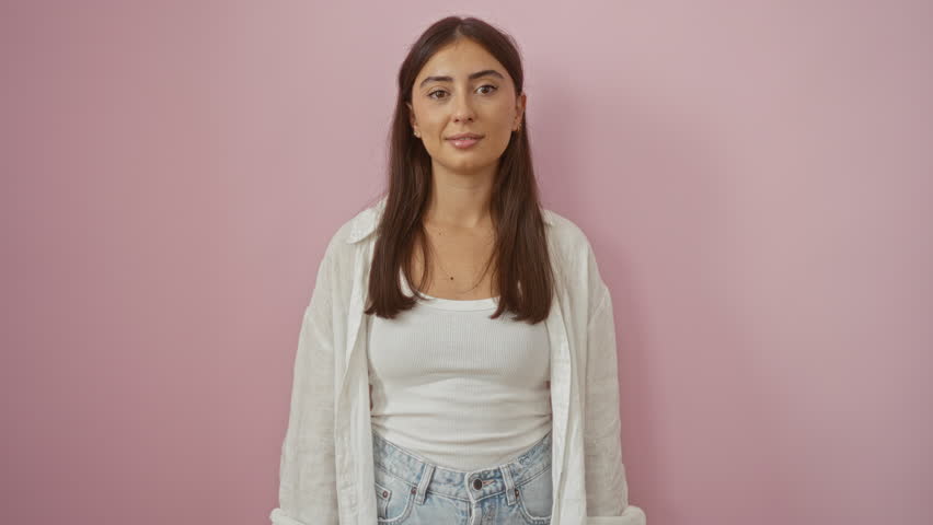 Hispanic woman smiling with peace sign against pink wall, showcasing casual attire and brunette hair in vibrant setting.