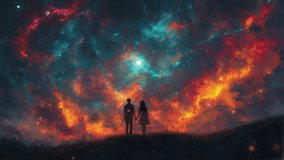 A couple standing on top of a mountain with a colorful nebula in the background. Loop  - Powered by Shutterstock - Get 15% off with code: PIKWIZARD15