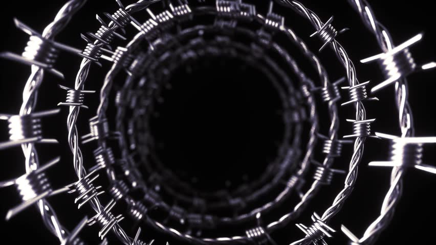 4K Loop video A close-up view of spiraled barbed wire  creating a tunnel effect against a dark background, evoking themes of confinement and danger.