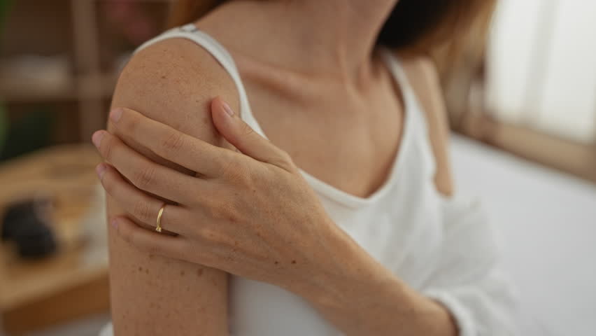 Woman gently touching her shoulder in a spa wearing a white tank top showcasing self-care and relaxation in an indoor wellness center