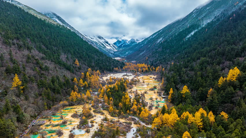 Aerial shots of Huanglong national park in autumn, China.