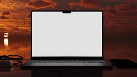 A sleek laptop mockup rests on a minimalist desk, bathed in soft natural light. Surrounded by essential tools like glasses and a notebook. 3D illustration - Powered by Shutterstock - Get 15% off with code: PIKWIZARD15