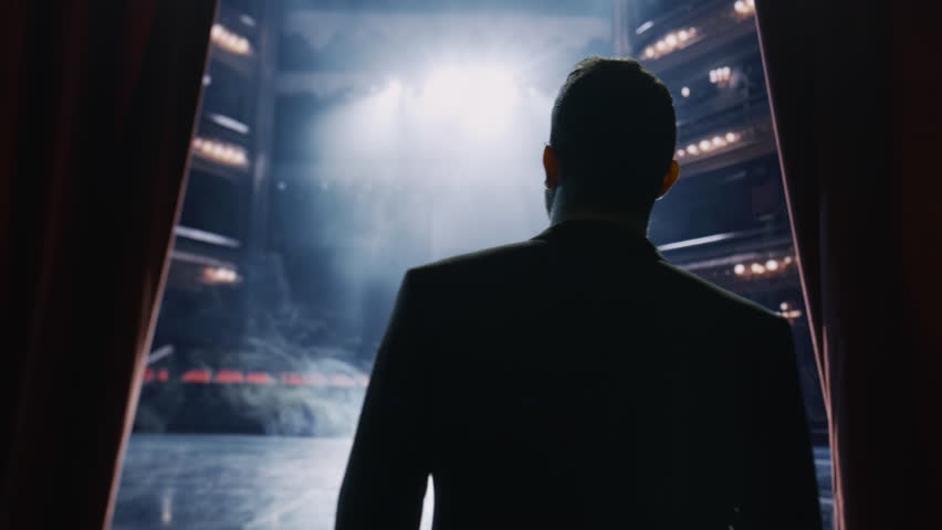 Silhouette Business Man Standing On Stage Before Performance Leadership Success