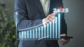 2025 business target achievement,businessman standing drawing growing profit graphic chart on virtual screen,new year outcome reaching goal,corporate growth development - Powered by Shutterstock - Get 15% off with code: PIKWIZARD15