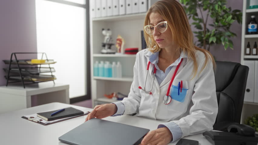 Woman doctor working on laptop in clinic office, focused on medical research, while surrounded by clinic equipment and wearing glasses.