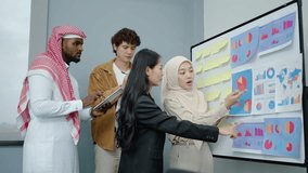 Diverse business team working on whiteboard at office,Two female chief analyst holding meeting with two man business showing digital interactive whiteboard with charts, data and statistics at briefing - Powered by Shutterstock - Get 15% off with code: PIKWIZARD15