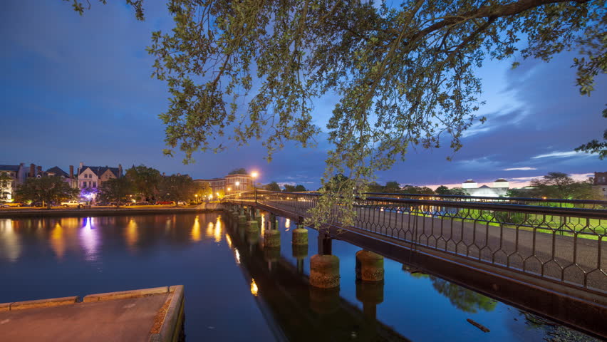 Norfolk, Virginia, USA time lapse with Botetourt Foot Bridge at dawn.