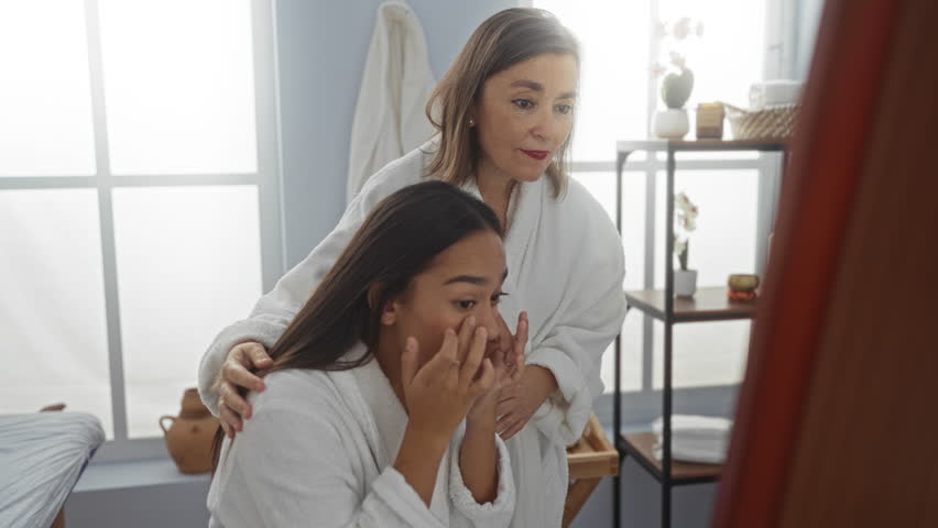 Mother and daughter in bathrobes at a spa applying skincare and looking at a mirror in a calm, well-lit room