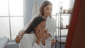Mother and daughter in bathrobes at a spa applying skincare and looking at a mirror in a calm, well-lit room - Powered by Shutterstock - Get 15% off with code: PIKWIZARD15
