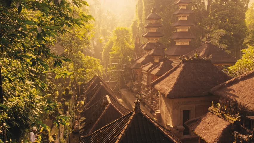 Sunset drone riser at scenic Pura Gunung Lebah Hindu temple in Ubud, Bali