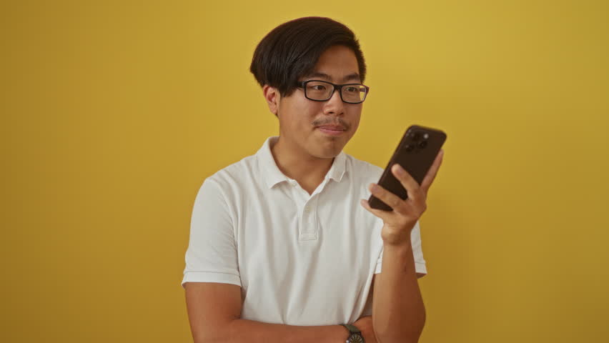 Young man holding smartphone against yellow background looking at camera enjoyable moment