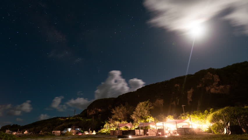 Timelapse of night sky over Kurima Beach in Miyakojima Island, Okinawa, Japan