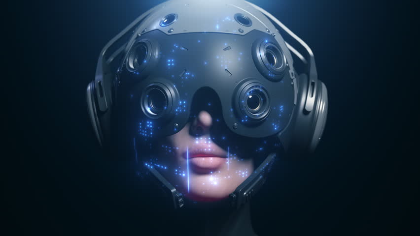 man machine close-up look around with the effect of a holographic display
