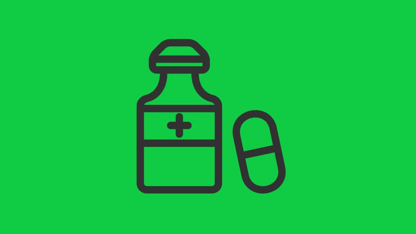 animated icon of medicine bottle and pill on green screen