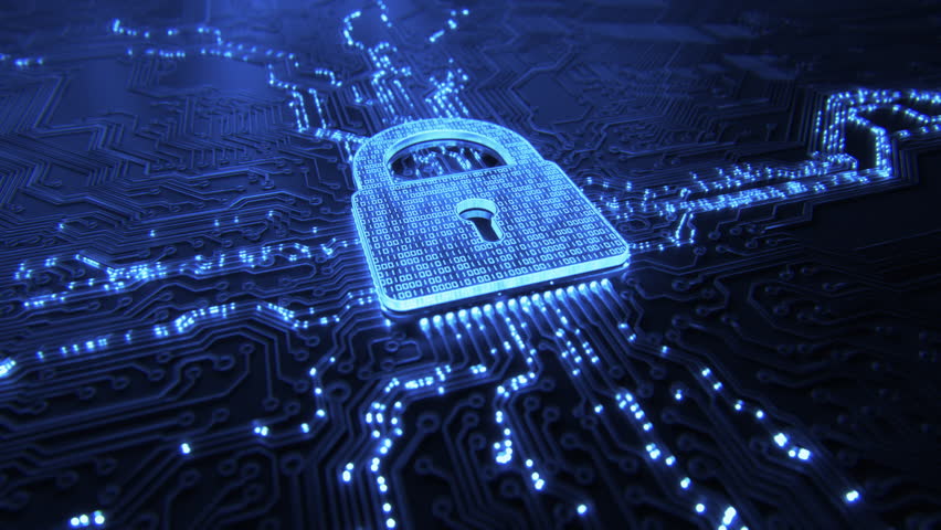 Digital security hologram of virtual lock icon on circuit board. Concept of finance data privacy and VPN service protection. Blockchain and secure crypto wallet background. Private cloud storage