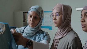 Muslim mother and daughter listening to female doctor in hijab explaining brain MRI scan to them in medical office - Powered by Shutterstock - Get 15% off with code: PIKWIZARD15