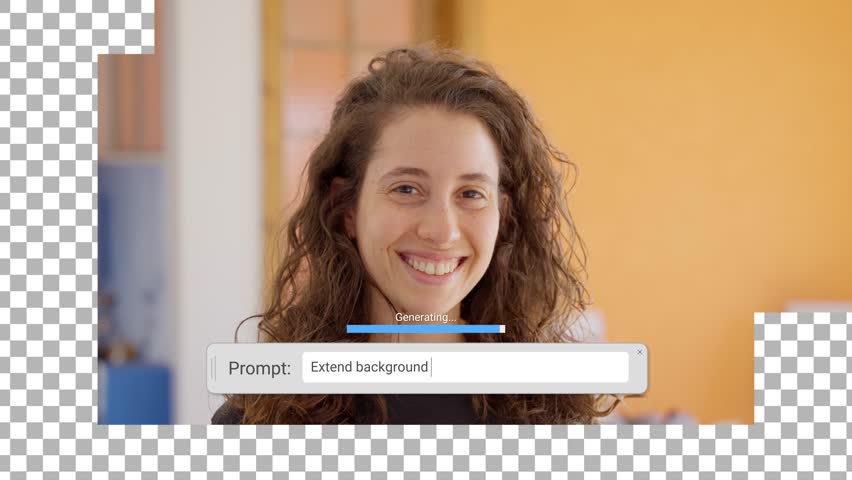 Generative AI artificial intelligence generating parts of video image of a woman. Prompt software creates added extended background to complete missing edges of generative fill of a female portrait