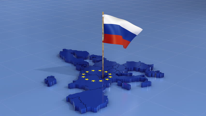 Volumetric map of the European Union and the waving flag of Russia close-up. 3D render.