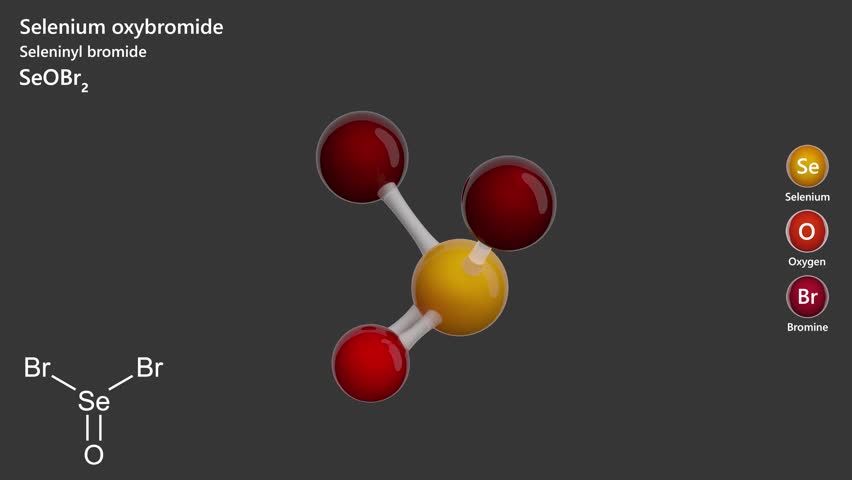 Selenium Oxybromide. Animated 3D model of a molecule. Molecular formula: SeOBr2. Chemical model: Ball and sticks. Gray background. 3D rendering. Seamless loop.