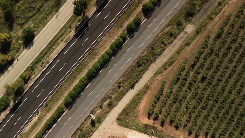 Drone shot of cars traveling on a picturesque rural highway with lush greenery and olive trees on either side.