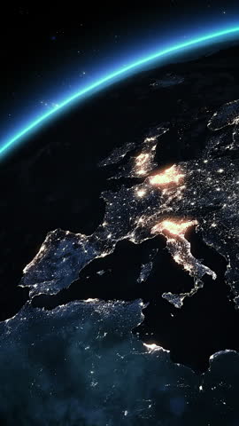 Animation of Spinning Planet Earth Seen from Space with city lights. Power Outage, Blackout in Europe Turning Lights Off. International Earth Event.