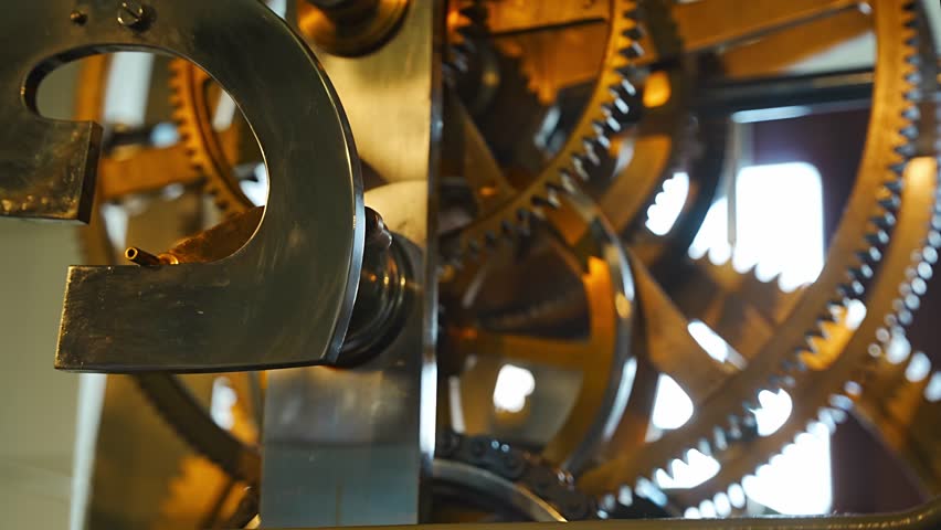 Close-up view of metal parts of the clock mechanism which is located in the Tower in the historical center of Dresden, Germany. High quality 4k footage