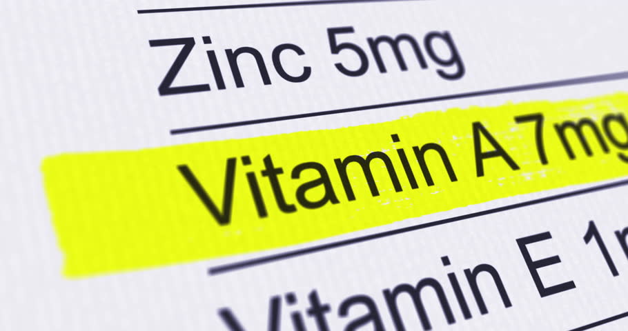 Nutrition Facts Label with Vitamin A content line highlighted, Retinol additives, diet and healthy food concept, footage