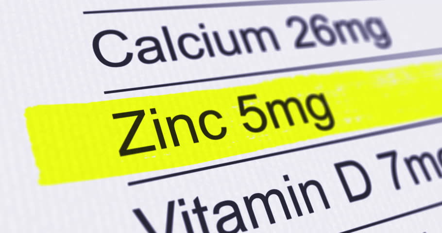 Nutrition Facts Label with Zinc content line highlighted, Zinc content additives, diet and healthy food concept, footage