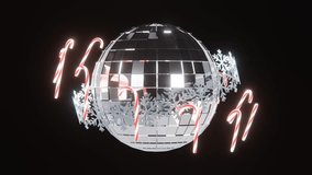 Abstract horizontal 3D wallpaper winter background neon candy cane striped snowflakes Happy New Year Merry Christmas Navidad event disco ball metallic reflective sphere retro groovy animation loop - Powered by Shutterstock - Get 15% off with code: PIKWIZARD15