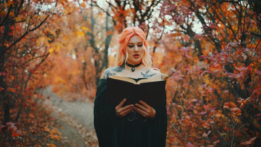 fantasy woman witch conjures in dark autumn forest tree, girl magician holds open old book in hands reading casting magic. Lady witch waving hand. dark green cape, sexy face holiday make-up art 4k