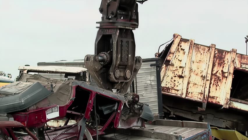 Crane Operation in Auto Junkyard - Slow Motion - 4K