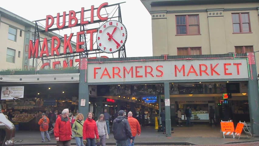SEATTLE, WASHINGTON - CIRCA 2013: Public market exterior at Pike's Place Market.