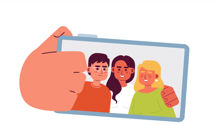 Friends selfie 2D animation. Diverse people group portrait on smartphone 4K video motion graphic. Joyful young adults taking picture animated characters cartoon flat concept, white background