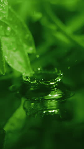 Slow motion macro vertical video of water droplet falling from fresh green leaf. Herb skin care medicine concept. Herbal essence dropping from leaf. Organic serum drop or green tea tree oil extract