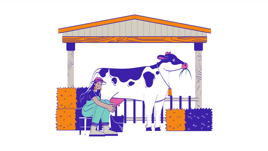 Farmer woman milking cow doodle cartoon animation. Cattle cowshed 4K video motion graphic. Dairy farm milkmaid latin american countrywoman animated 2D character isolated on white background