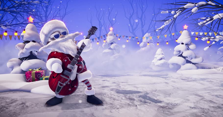Christmas Party: Funny Santa Claus play guitars and on a winter holiday background. Animated video for greeting cards, festive events, and New Year's parties.