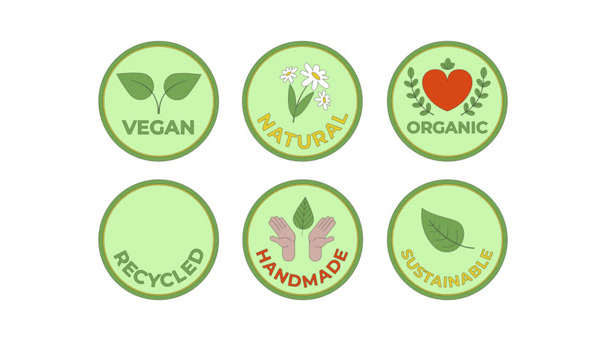 Eco friendly sustainable labels 2D cartoon stickers animation. Organic recycled, handmade vegan flat cartoon 4K video, alpha channel. Environment natural animated badges set on white background