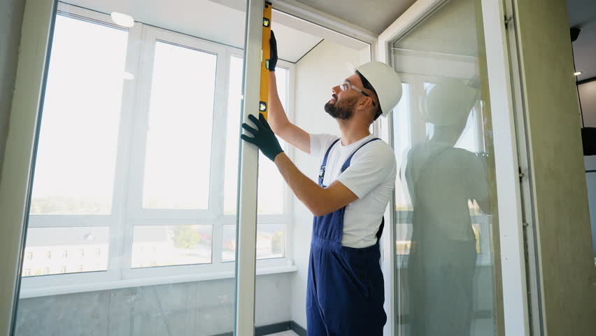 Professional construction worker in safety gear uses a spirit level to align a window frame